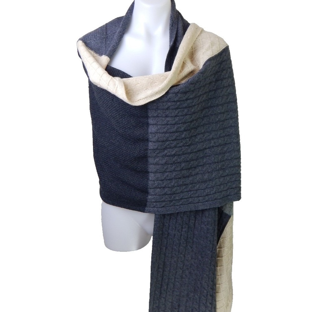 Garnet Hill Blanket Scarf Mixed Stitch Color Block Wool Cashmere Wrap Gray Cream